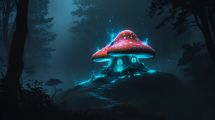 Whimsical Mushroom House Illuminating a Misty Hilltop in Eerie Fog