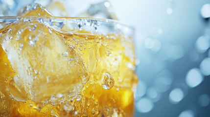 Refreshing Glass of Iced Beverage with Ice Cubes, Perfect for Summer Days and Celebrations, Captured in a Blurry Background with Sparkling Effect