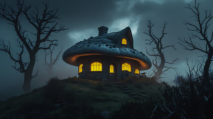Whimsical Mushroom House Illuminating a Misty Hilltop in Eerie Fog