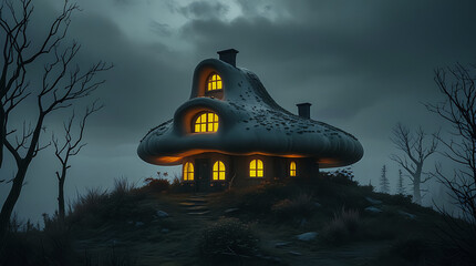 Whimsical Mushroom House Illuminating a Misty Hilltop in Eerie Fog