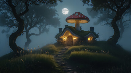 Whimsical Mushroom House Illuminating a Misty Hilltop in Eerie Fog