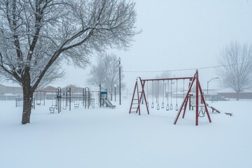 A quiet school playground covered in untouched snow during a severe winter storm. Swing sets, Generative AI 