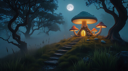 Whimsical Mushroom House Illuminating a Misty Hilltop in Eerie Fog