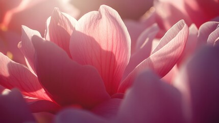 Obraz premium Pink magnolia blossom backlit garden sunrise, website header