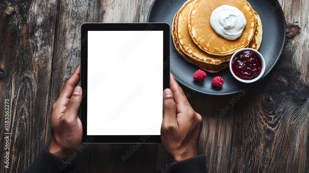 Wall mural A white man holds a tablet with a white screen against the background of a plate of pancakes with sour cream and raspberry jam, top view, close-up. Tablet mockup. Carnival week