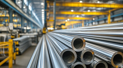 Thick aluminum rods stored in a warehouse for metal manufacturing