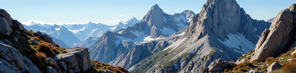 Granite rock formations on a rugged mountain terrain, stone formations, landscape details, terrain features