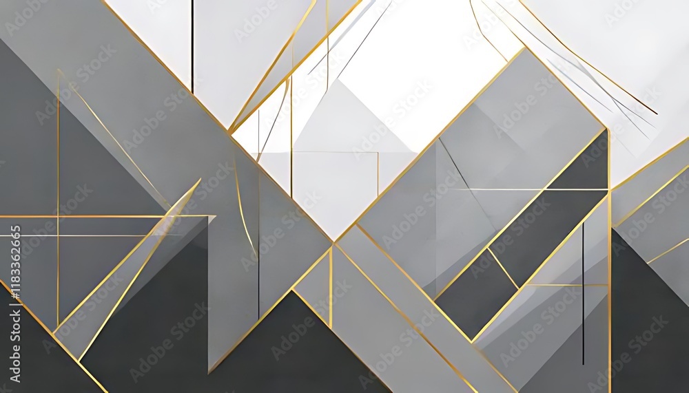 Poster overlapping geometric shapes, with gold lines, create a modern, three-dimensional abstract.