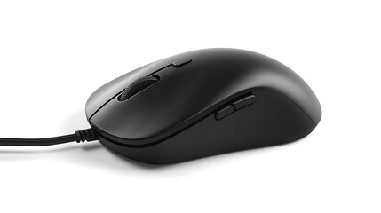 A black computer mouse with a cord attached to it