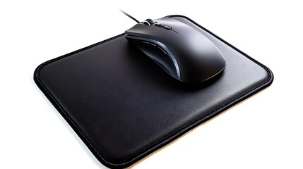 A black mouse pad with a black computer mouse on top of it
