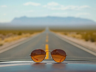 Sunglasses Resting on the Dashboard With an Endless Desert Highway Stretching Ahead Under a Blue Sky
