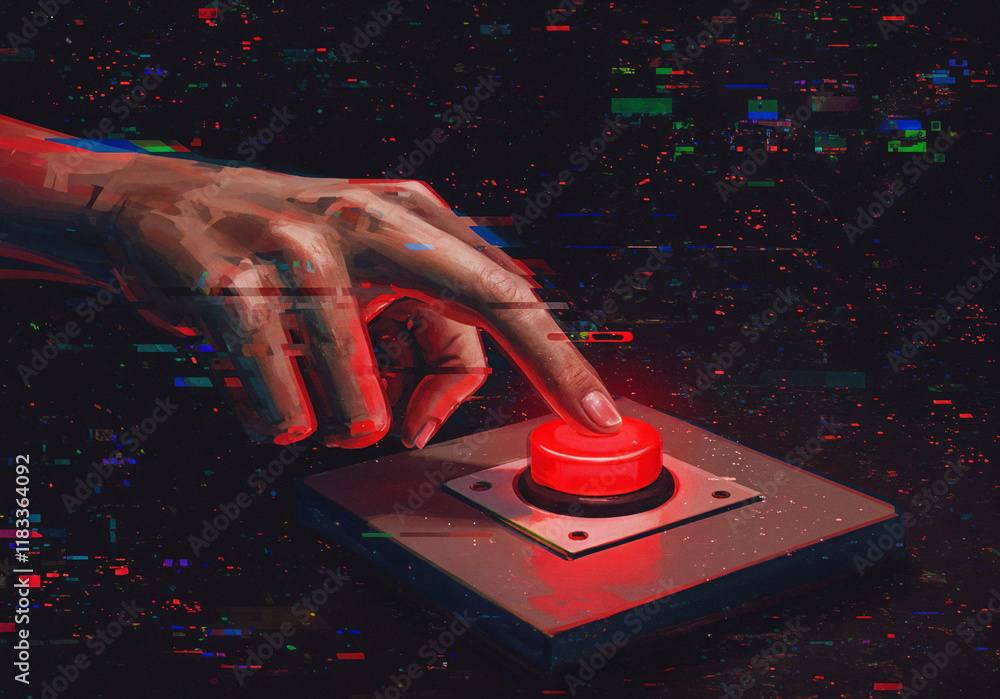 Poster hand presses button with glitch effects. generative ai