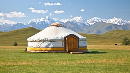 Dusty nomadic yurts in a vast steppe, surrounded by wild horses, distant snow-capped mountains 