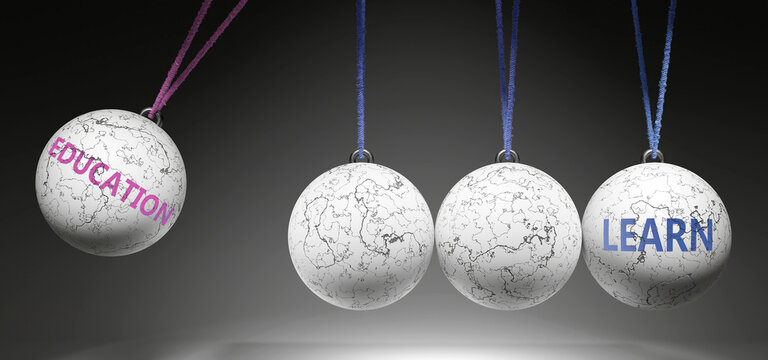 Education and Learn - cause and effect relationship. A Newton cradle metaphor showing how education results in learn. It initiates learn. ,3d illustration