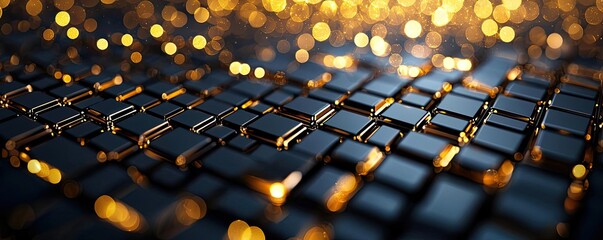 Obraz premium Gold abstract background concept. Abstract digital cubes with golden lighting create a mystical, modern atmosphere.