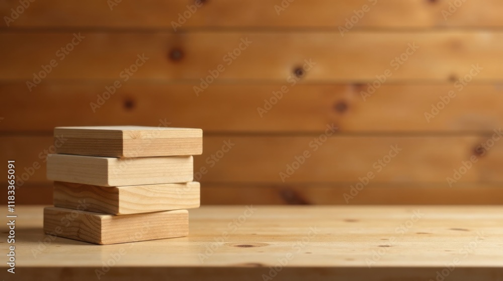 Poster a stack of smooth, light-colored wooden blocks rests on a light wood surface against a blurred backg
