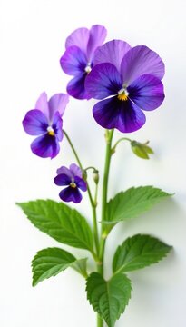 Pansy violet flowers on a lush green stem against a pristine white background, white, nature, leaf
