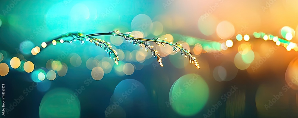 Aufkleber scenery abstract background idea. a close-up of a dew-covered branch with vibrant bokeh background a