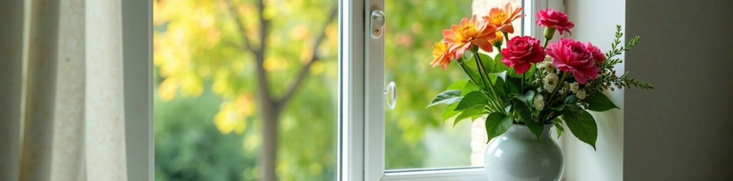 Pflanzen in einer dekorativen Vase auf einem Fensterbrett, Blumenstrang, S?ulenvase