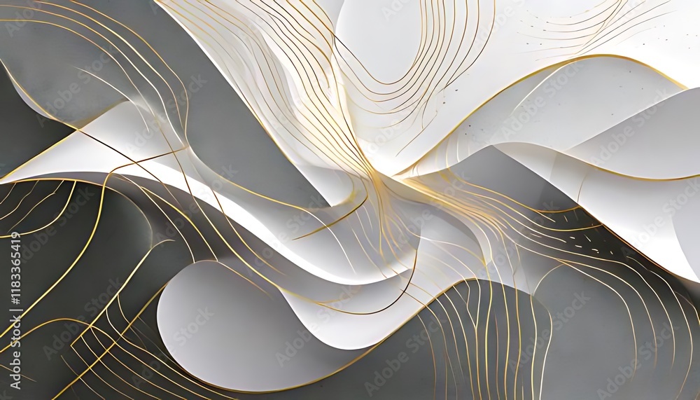 Poster swirling white, gray patterns with delicate gold lines create a fluid abstract.