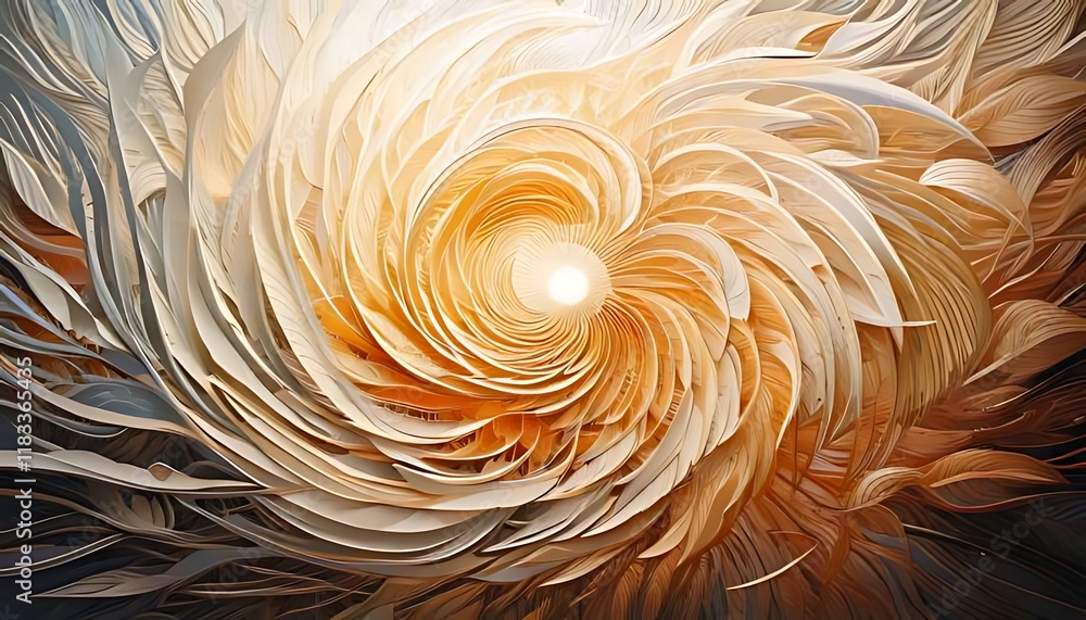 Poster swirling, feather-like shapes create an ethereal, dynamic design with a radiant center.