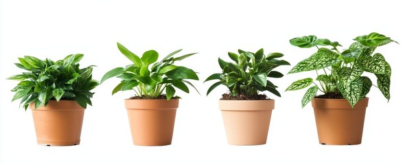 Four potted houseplants on white background.