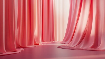 3D-rendered empty room with soft satin drapery and refined textures, designed for beauty and fashion product showcases.