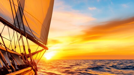 A sailboat at sunset, with vibrant colors reflecting on the water.