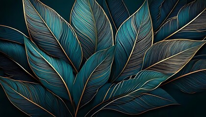 Teal leaves with gold veins overlap creating depth against a dark backdrop.