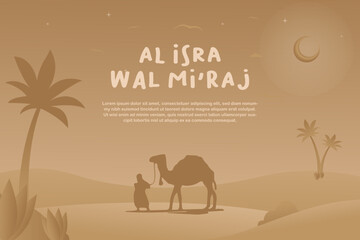 Isra miraj background with camel illusrtation and text area, the night journey prophet