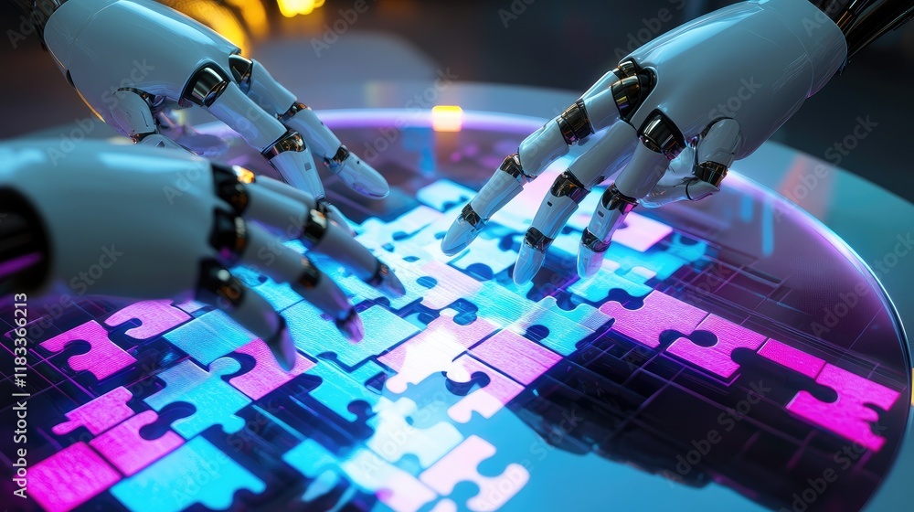 Poster a dynamic scene of two robotic hands solving a crossmatic puzzle on a glowing touch table.