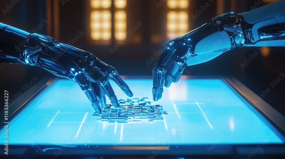 Poster a dynamic scene of two robotic hands solving a crossmatic puzzle on a glowing touch table.