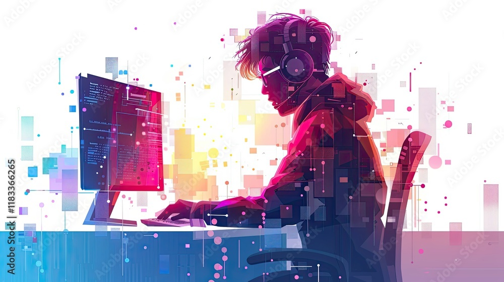 Poster a programmer, with cyber security network, mute, soft color bright colors, elegant emotion, isolated