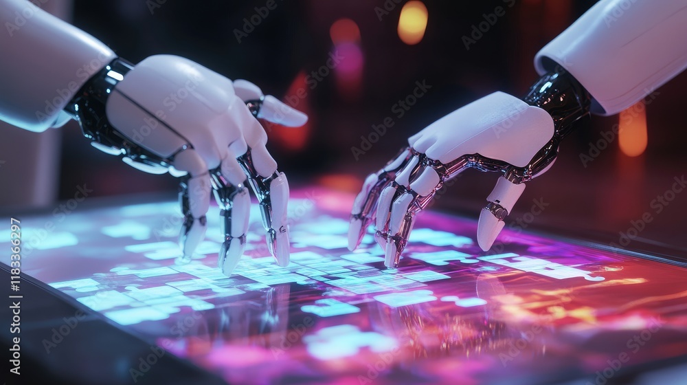 Poster a dynamic scene of two robotic hands solving a crossmatic puzzle on a glowing touch table.