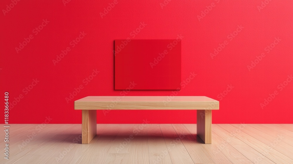 Poster modern minimalist interior design with wooden table and blank red canvas