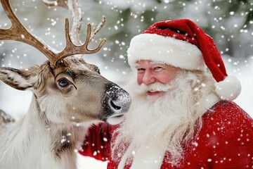 Santa and his reindeer friend enjoying a snowy day. AI.