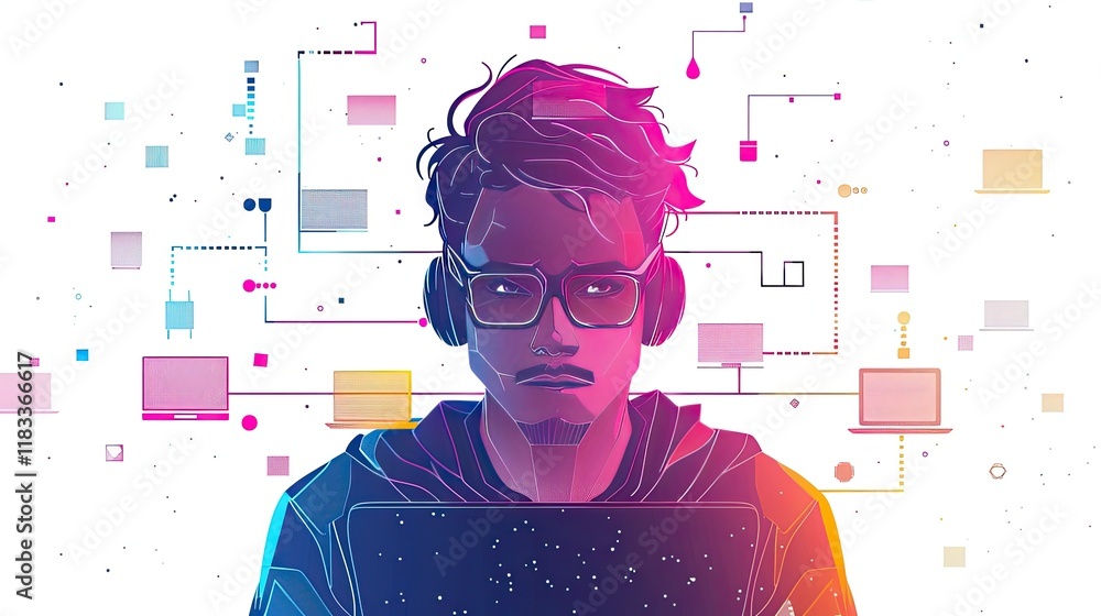 Poster a programmer, with cyber security network, mute, soft color bright colors, elegant emotion, isolated