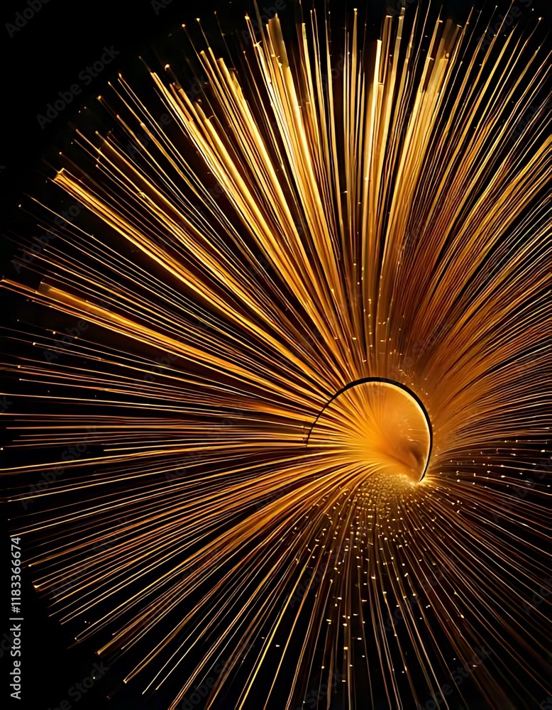 Poster thin, golden lines radiate dynamically from a central point against stark black.