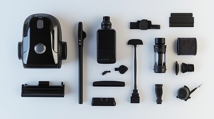 A black and white image of various cleaning tools and accessories