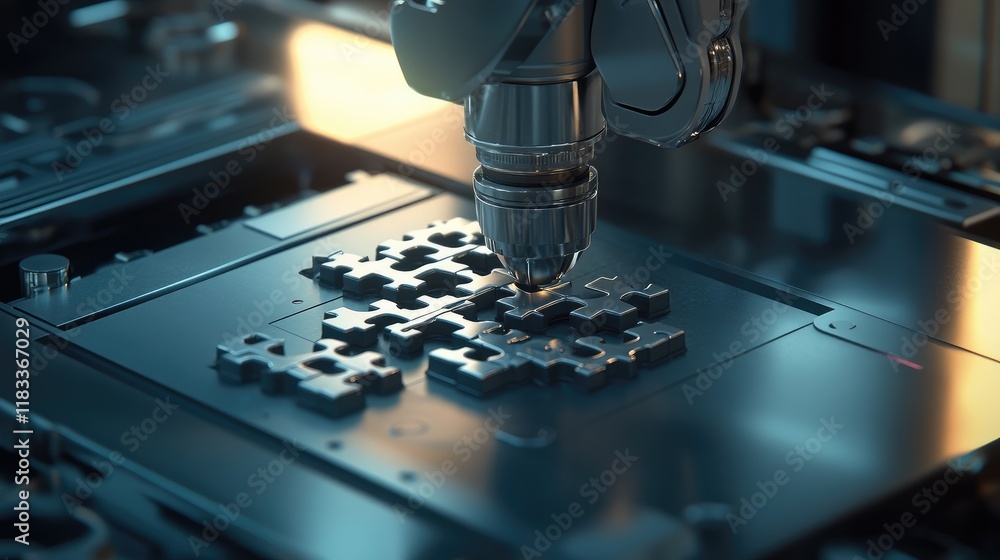 Poster a futuristic robotic arm assembling a complex crossmatic puzzle under soft lighting, placed on a met
