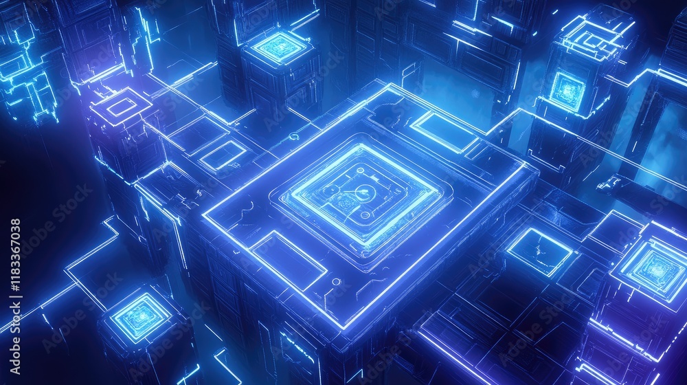 Poster a glowing digital interface featuring crossmatic puzzle options and player stats, set in a futuristi