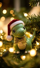 Obraz premium Festive dinosaur ornament on a Christmas tree. AI.