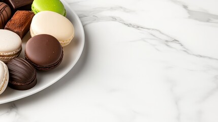 A plate of assorted macarons on a marble surface, showcasing their colorful and elegant design.