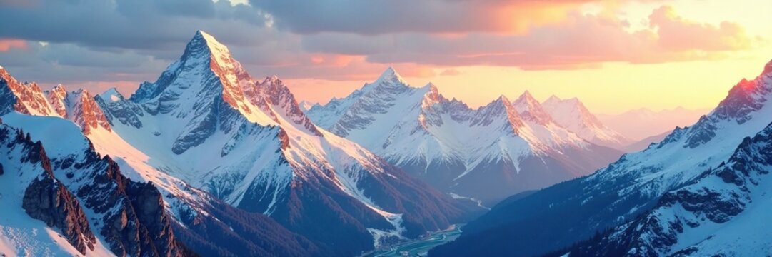 Snow-clad mountains bathed in warm golden light, snow capped peaks, cold climate, mountain range