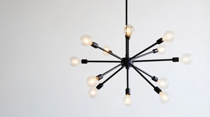A minimalist chandelier with sleek black metal arms and Edison bulbs, suspended on a clean white backdrop.