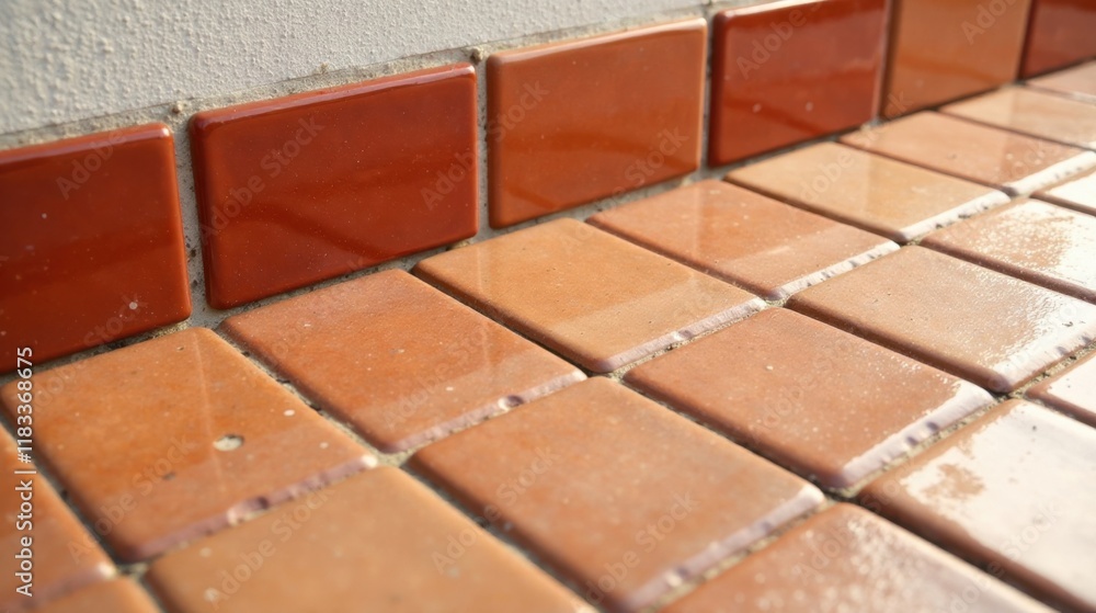 Poster Sunlit Terracotta Tile Pattern A Detailed Close-up of a Wet Patio Floor with a Darker Accent Border