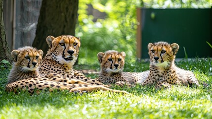 Cheetah family relaxing in the grass. AI.