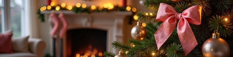 Soft pink ribbon ties Christmas tree to mantel, cozy atmosphere, elegant accents, warm lighting