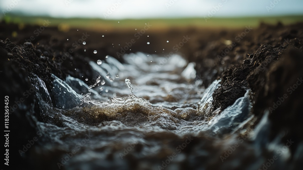 Aufkleber close-up of irrigation water flowing over dark, fertile soil in a field, creating texture and depth 
