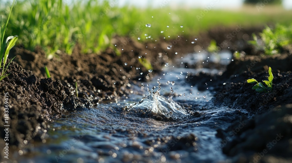 Aufkleber close-up of irrigation water flowing over dark, fertile soil in a field, creating texture and depth 